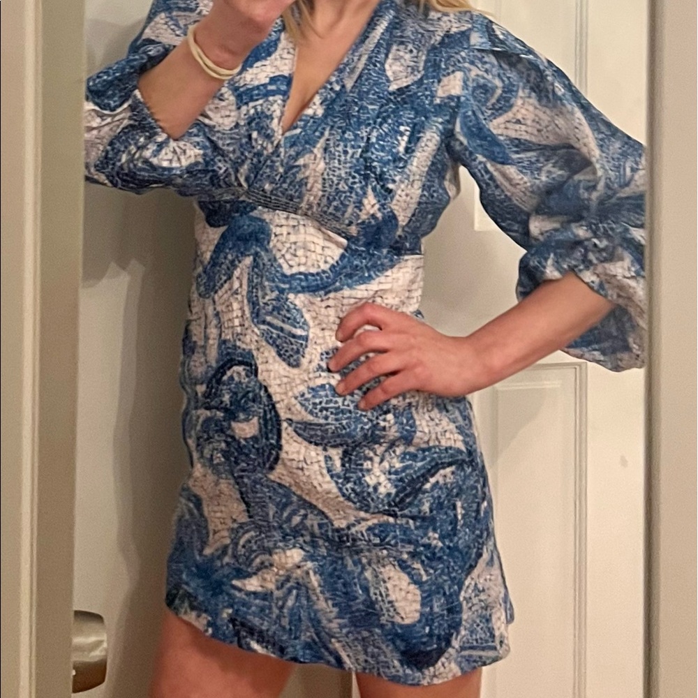 H&M Conscious Exclusive Mosaic Linen Puffy Sleeves Dress. Size S. Color blue.